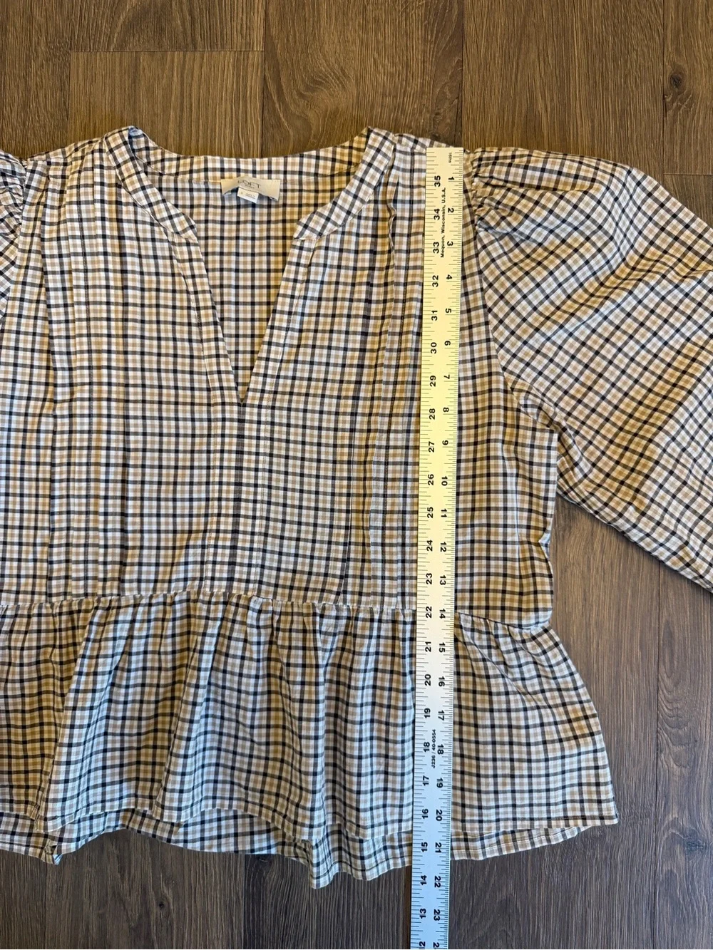 LOFT Outlet Plaid Cottagecore Peplum Top Brown Beige Long Sleeve Small 1139